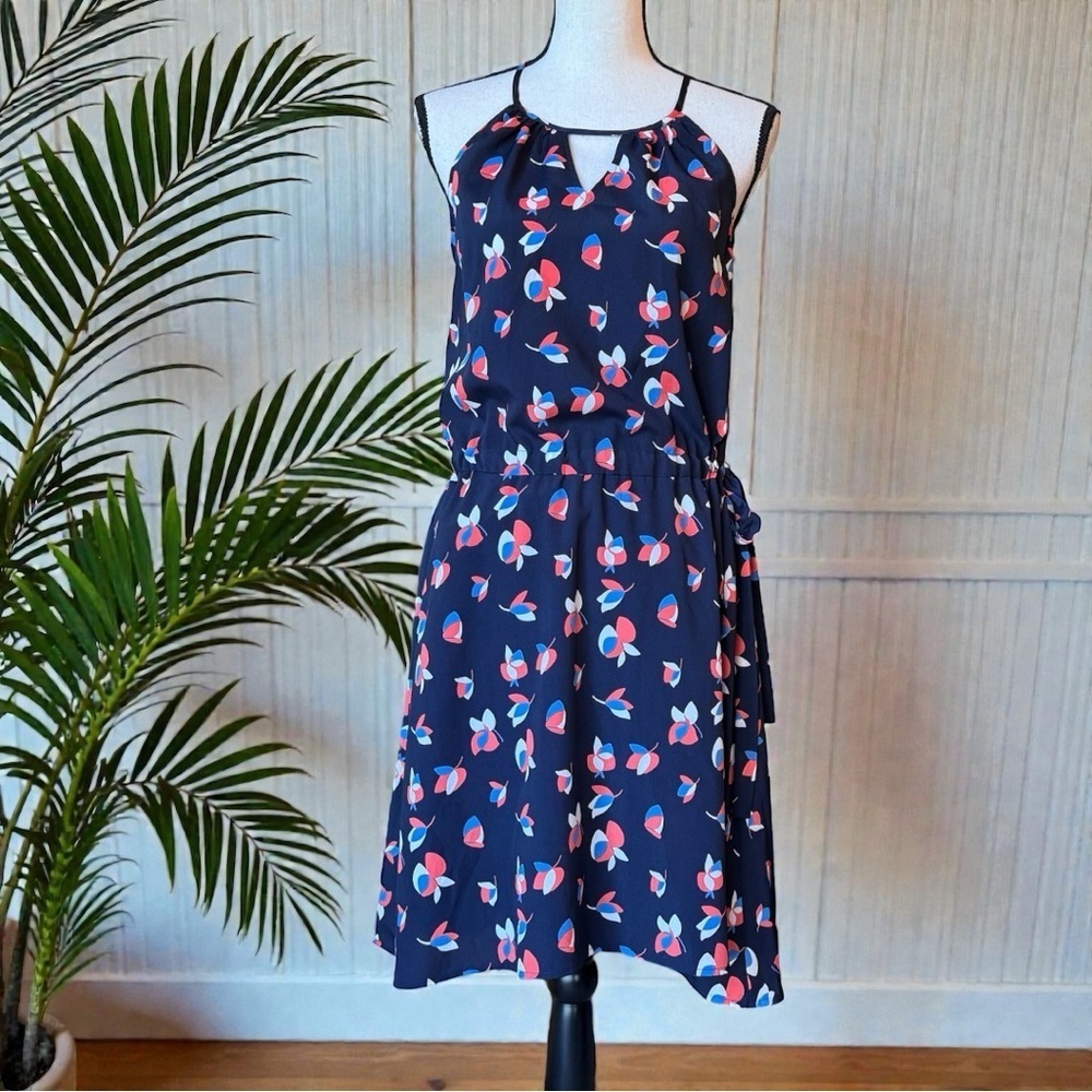 PIXLEY Navy Blue Floral Cinch Waist Halter Dress – Size Medium